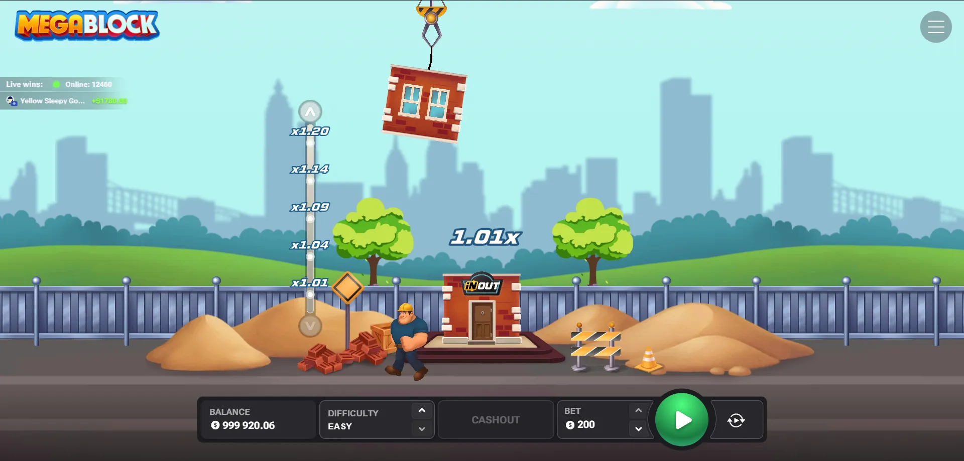 MegaBlock InOut Games — crash game a torre con moltiplicatori enormi